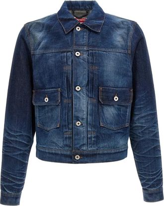 Kenzo Slim Pleated Trucker Jacket in Japanese Denim - Heren - Spijkerjassen - Blauw - L - Denim - Jassen