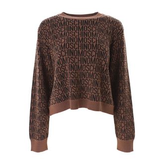 Moschino Round-neck Knitwear, female, Brown, Size: XS Logo Jacquard Knit Sweater