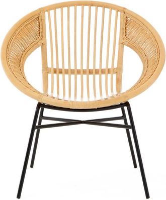 Premier Housewares Interiors by Premier Comfortable Natural Rattan And Black Iron Arm Chair, Stylish Outdoor Chair, Versatile Natural Dining Chair