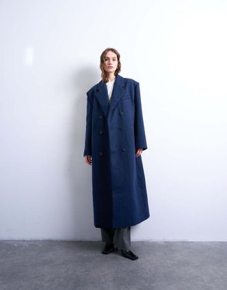 Topshop Cappotto doppiopetto taglio maschile in misto lana blu navy