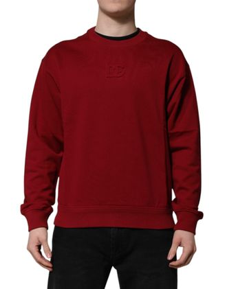 Dolce & Gabbana Mens Red Embossed Logo Cotton Crew Neck Sweater Clothing