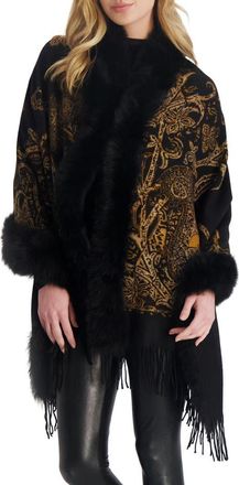 Gorski Double Face Cashmere Stole With Genuine Shearling Trim in Black Gold Paisley at Nordstrom