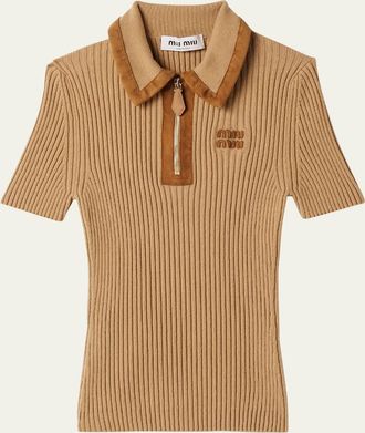 Miu Miu Cashmere Rib Short-Sleeve Polo Top