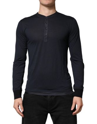 Dolce & Gabbana Mens Dark Blue Cotton Henley Long Sleeves T-Shirt Co+se