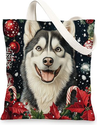 Generic Christmas Husky Dog Canvas Tote Bag for Shopping 13x15, Xmas Candy Poinsettia Puppy Reusable Grocery Print Bag for Women Men, Holiday Pet Aesthetic Pa