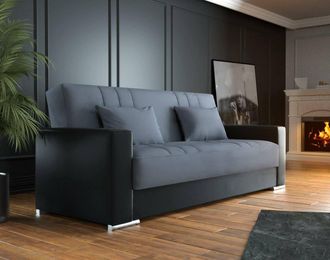 Dmora Sof&aacute; Cama Dmede, Sof&aacute; Cama Contenedor 3 Plazas En Ecopiel Y Tela, Sof&aacute; De Sal&oacute;n Con Apertura Click-clac Y 2 Cojines Incluidos, 230x96h101 Cm, Negro Y 