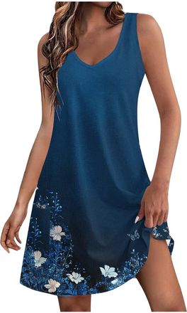 Generic Womens Summer Sleeveless Tank Dress Fashion V Neck Sundress Flower Print Boho Beach Party Vest Dresses with Pockets Casual Loose Mini Sexy Dress Going