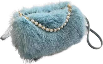 Generic Womens Plush Bags Fluffy Winter Crossbody Bags For Women Pearl Chain Decor Shoulder Bag Ladies Handbags And Purse(Blue)