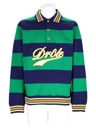 Dr&ocirc;le de Monsieur Green Striped Long-Sleeve Cotton Polo Shirt
