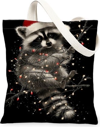 Generic Christmas Raccoon Canvas Tote Bags, Cute Animal Design Reusable Grocery Bags, Vintage Lightweight Washable Shoulder Strap C, Black, 13x15 Inch