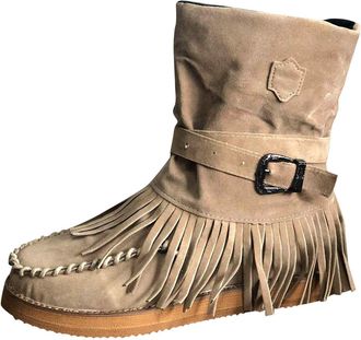 Generic Ankle Cowboy Boots for Women Tassel Buckle Strap Lace Up Suede Warm Winter Riding Wedge Wide Mid Calf Booties Western Suede Fringe Walking Boots Round