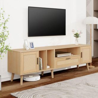 OEM Mueble De Tv Con Decoraci&oacute;n De Rat&aacute;n, 2 Puertas Y Un Caj&oacute;n, Patas De Madera Maciza, Mueble De Sal&oacute;n, 180 X 40 X 54 Cm