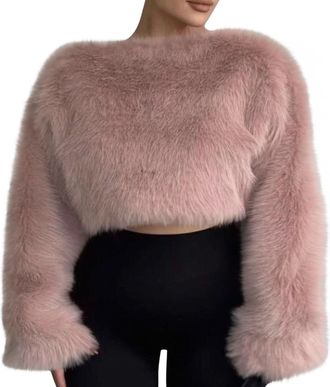 Generic Ladies Faux Fur Jumper Pink Crew Neck Fluffy Cropped Top Womens Shaggy Winter Coat Thick Snug Solid Furry Elegant Long Sleeve Plush Outerwear Womens W