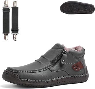 Generic Tuthrav Leather Shoes, Mens Handmade Premium Leather Slip-On Driving Boots, Retro Casual Shoes, for Hiking (Gray-Plush,10.5)