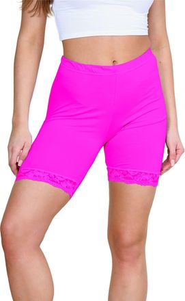 Janisramone Womens Scallop Lace Trim Cycling Shorts Stretchy Elasticated Waist Skinny Fitness Yoga Gym Shorts, Stylish Women Activewear Summer Hot Pants Neon Pink