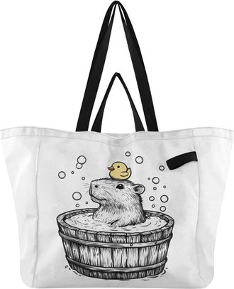 Generic Duck Capybara White pattern Reusable Canvas Tote Bag, Heavy Duty Grocery Shopping Bag with Large Capacity Double Handles Hard Bottom Work Groceries Tr