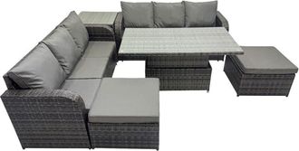 Fimous Rattan Garden Furniture Dining Set 8-seater Patio Height Adjustable Rising Lifting Table Sofa Set with Side Table 2 Big Footstool Dark Grey Mixed