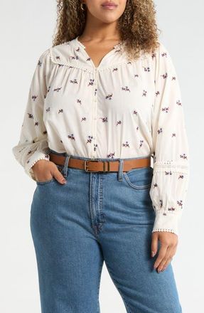 Treasure & Bond Lace Trim Embroidered Top in Ivory- Purple Tossed Embroider at Nordstrom, Size 1X