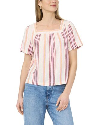 Vince Camuto Square Neck Flutter Sleeve Linen-Blend Blouse