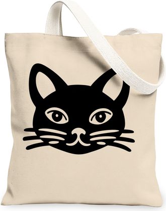 Generic Cat Face Canvas Tote Bags, Stylish Animal Design Reusable Grocery Bags, Lightweight Washable Shoulder Strap Tote for Shoppi, Beige, 13x15 Inch