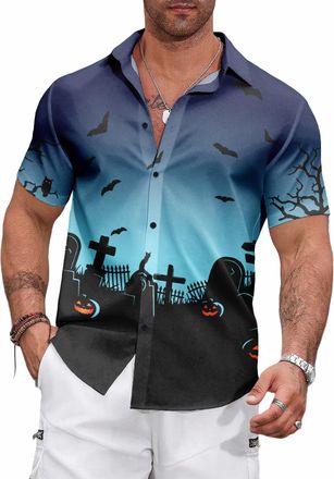Generic Halloween Mens V-Neck Button Shirt -Pumpkin Autumn/Winter Casual Short Sleeved T-Shirt (UK, Alpha, 3XL, Regular, Regular, 13)