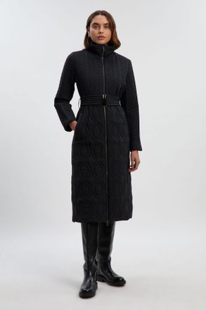 Karen Millen Womens Multi Stitch Detail Belted Padded Midi Coat - Black Polyamide - Size 10 UK