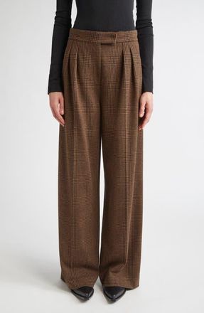 Max Mara Ponza Pleated Houndstooth Check Wide Leg Pants in Chocolate at Nordstrom, Size 12