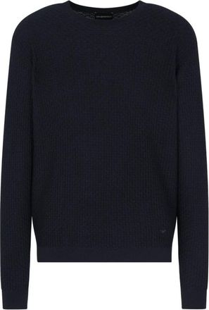 Emporio Armani Waffle Knit Crewneck Jumper - Heren - Ronde hals truien - Blauw - 2XL - Wol - Truien & Vesten