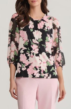 Kasper Floral Shirred Neck Top in Black Multi at Nordstrom, Size X-Small