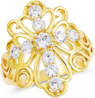 Savvy Cie Jewels GOLD PLATED STATEMENT CROSS WITH WHITE CZ SWIRLS RING