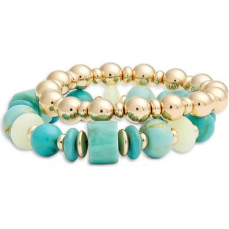 Nordstrom Set of 2 Beaded Stretch Bracelets in Turquoise Multi- Gold at Nordstrom