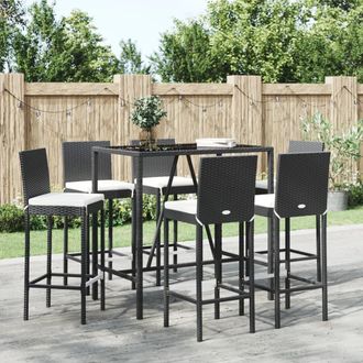 vidaXL Mesa Y Taburetes Altos Jard&iacute;n Y Cojines 7 Pzas Rat&aacute;n Pe Negro Vidaxl