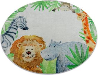 RugsX BAMBINO 54090 round washing carpet Animals, Africa for children anti-slip - white / green multicolour round 160 cm