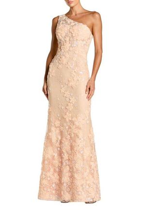 Mac Duggal One Shoulder Floral Embroidered Column Gown in Peach at Nordstrom, Size 14
