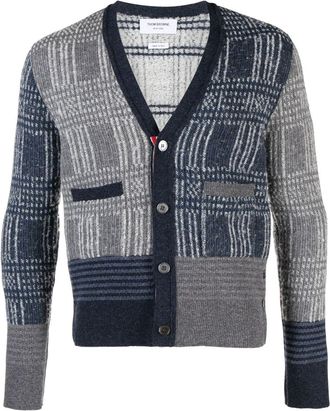 Thom Browne Pow check jacquard V-neck cardigan - men - Cotton/Polyamide/Wool - 3 - Blue
