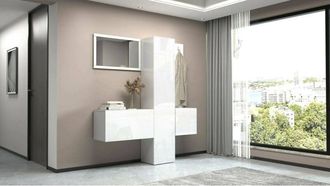 Dmora Mobile da ingresso Vernante, Armadietto multifunzione a 3 ante, Appendiabiti da parete con specchio, 170x35h190 cm, Bianco, con imballo rinforzato