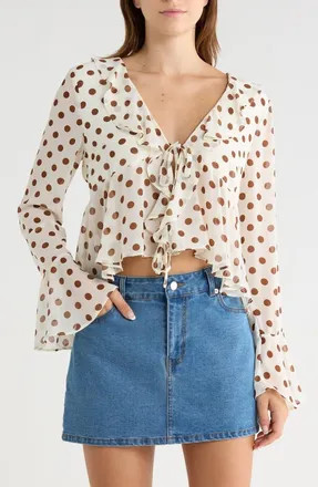 Vigoss Polka Dot Ruffle Long Sleeve Top in Brown at Nordstrom Rack, Size X-Small