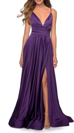 La Femme Long Satin Dress with Side Slit and V Shaped Back in Royal Purple at Nordstrom, Size 00