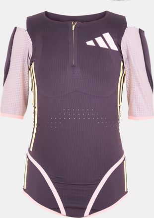 adidas Womens Slim Fit Zip Neck Three Quarter Sleeve Bodysuit in Aurora Black - Purple - Size 6 UK