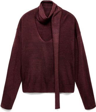 Mango V-Neck Sweater with Scarf in Wine at Nordstrom, Size X-Large