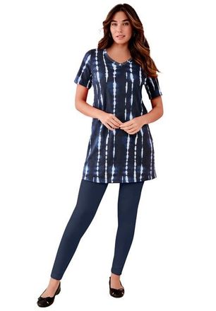 Roaman's Plus Size Ultimate Cotton V-Neck Short Sleeve Tunic in Navy Variegated Tie Dye at Nordstrom, Size 4X