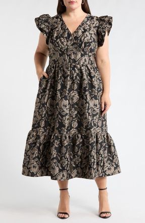 Sugarlips Lyla Metallic Floral Jacquard Midi Dress in Black-Silver at Nordstrom, Size 2X