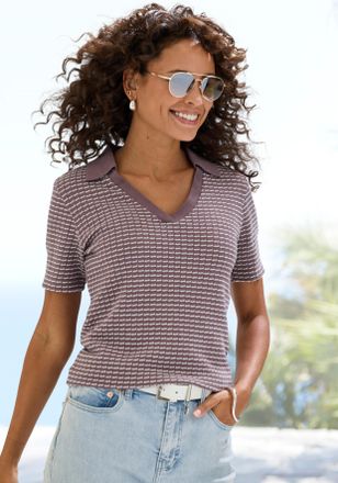 Vivance Poloshirt VIVANCE aus strukturierter Strickqualit&auml;t, Damen, Gr. 32/34, taupe, creme, Strick, Obermaterial: 75% Baumwolle, 25% Polyester, gemustert, be