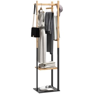 OEM Perchero De Pie De Bamb&uacute; Con 2 Estantes 2 Ganchos 5 Barras Con Estructura De Acero Para Colgar Ropa Natural Y Negro