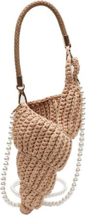 Generic Handwoven Seashell Tote Bag with Pearl Chain Crochet Conch Crossbody Bag (Khaki)