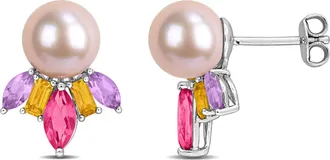 Mimi & Max 8mm Pink Cultured Freshwater Pearl 2 1/10ct TGW Blue Topaz Pink White Topaz Earrings Sterling Silver