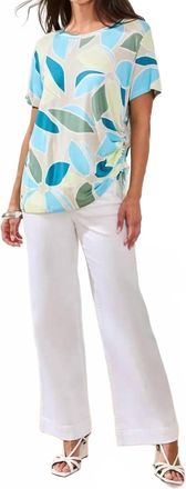 Tribal Printed Jersey Crew Neck Top With Side Ruching In Aqua Sky