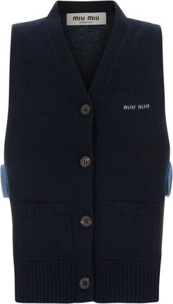 Miu Miu Navy Blue Knitted V Neck Sweater