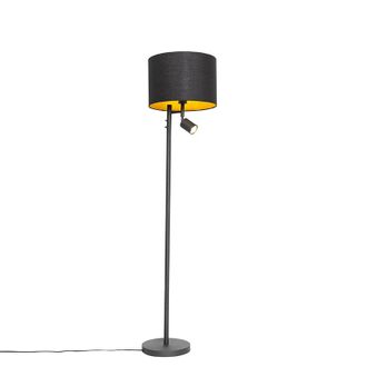 QAZQA Moderno L&aacute;mpara De Pie Negra Con Interior Dorado Y Luz De Lectura - Jelena Acero /textil Redonda Adecuado Para Led Max. 1 X 40 Watt - Qazqa