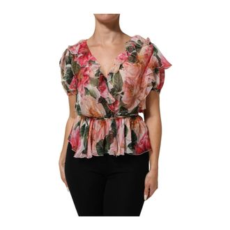 Dolce & Gabbana Overhemden, Dames, Veelkleurig, M, Zijden blouse met V-hals
